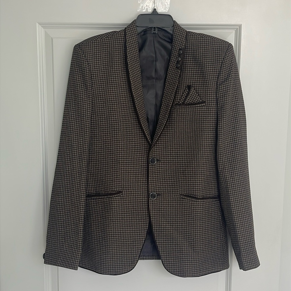 Men’s Brown Checkered Designer Jacket with Suede Accents